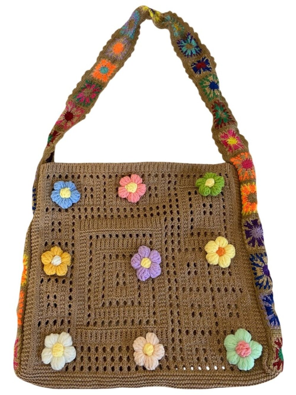 Boho Crochet Beach Bag w/ Flowers Preppy Knit Tote Bag Tan Colorful Handmade NEW